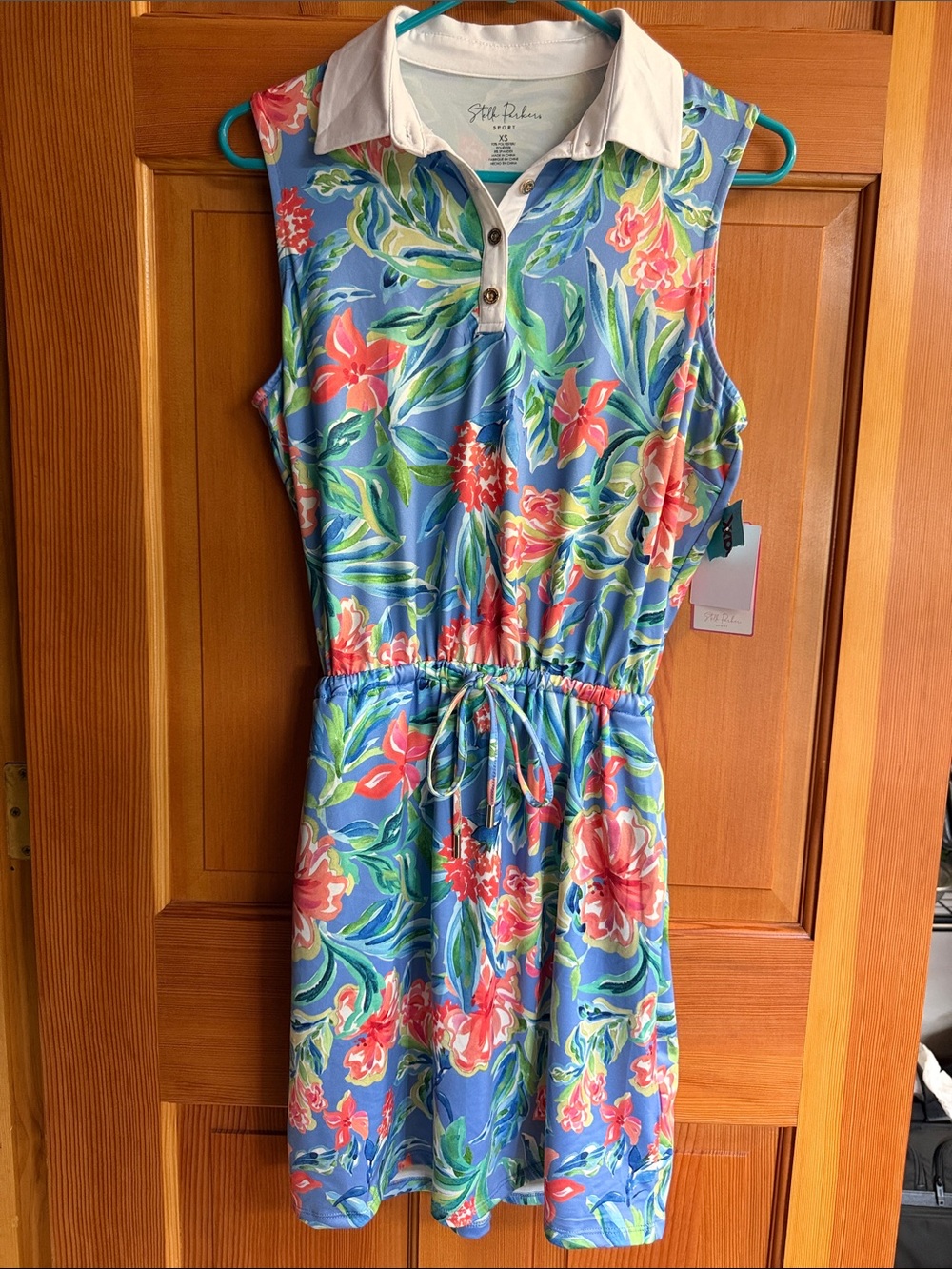 Stella Parker Sleeveless Blue Floral Drawstring Maxi Dress with White Collar